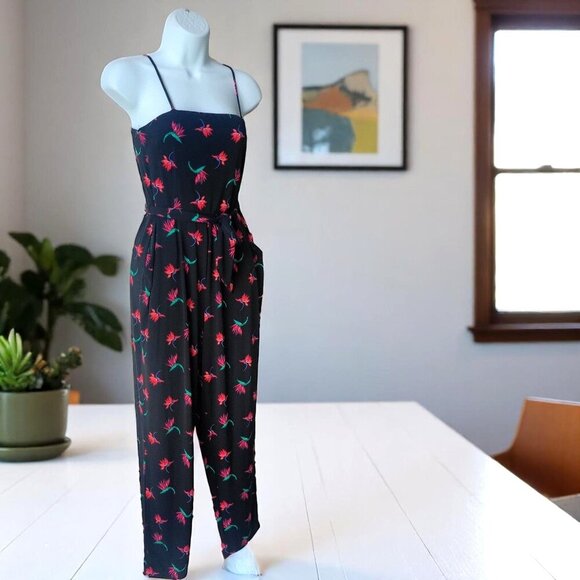 Simply Styled Floral Black Print Spaghetti Strap Jumpsuit - SZ S Petite - Picture 1 of 9